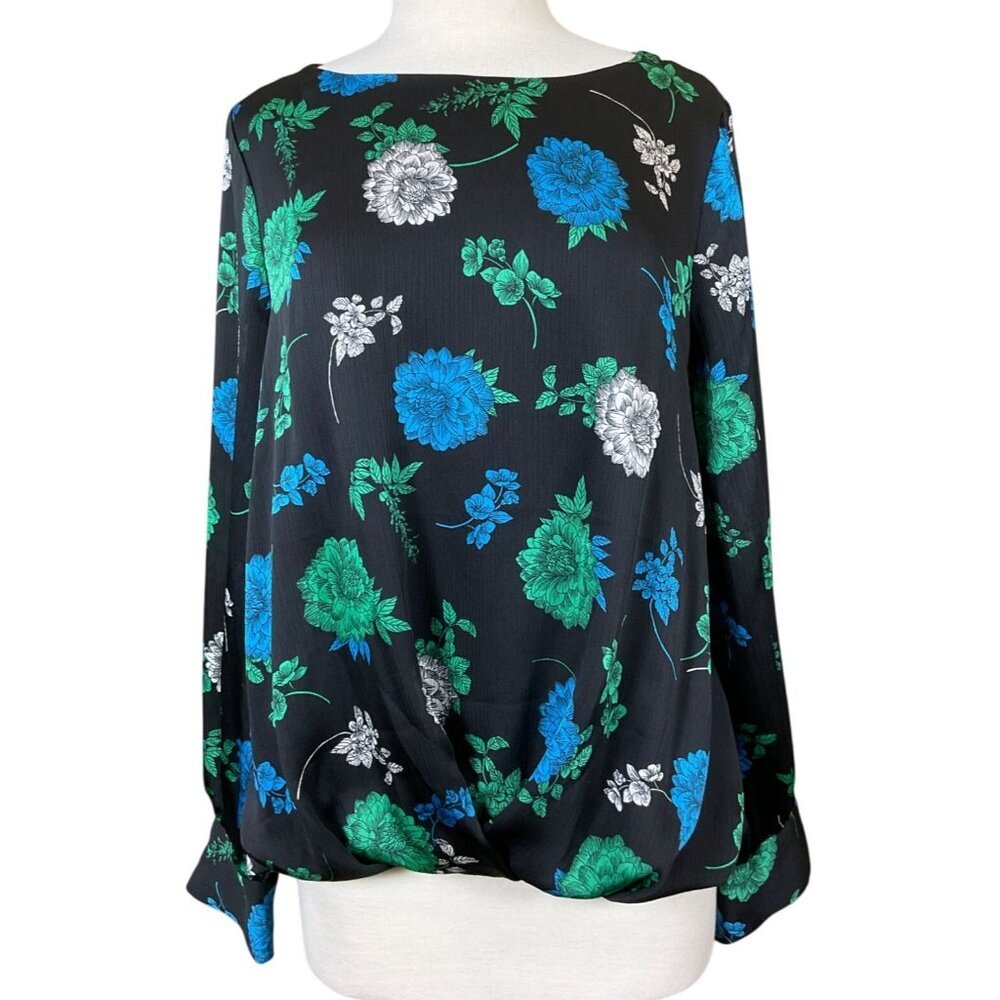 Floral Print Vince Camuto Long Sleeve Fold Over Hem Black/Green/Blue Top NWOT M